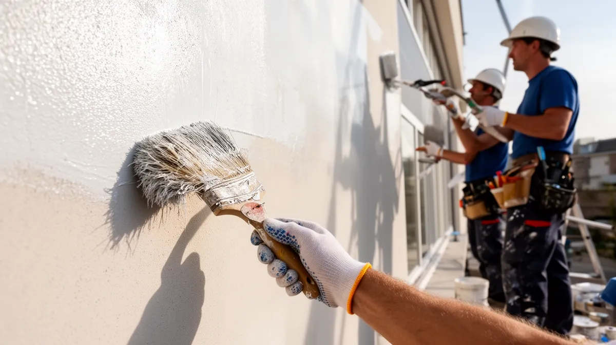 Deux ouvriers peignant un mur avec des pinceaux.
