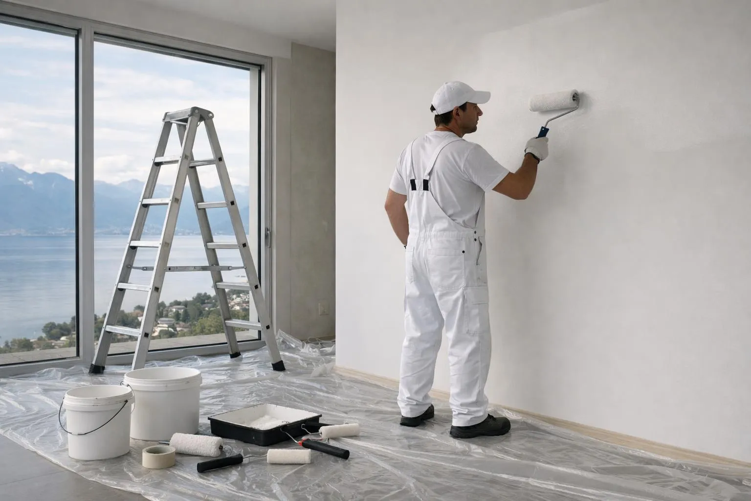 Peintre en bâtiment en tenue blanche peignant un mur dans une pièce avec vue panoramique.
