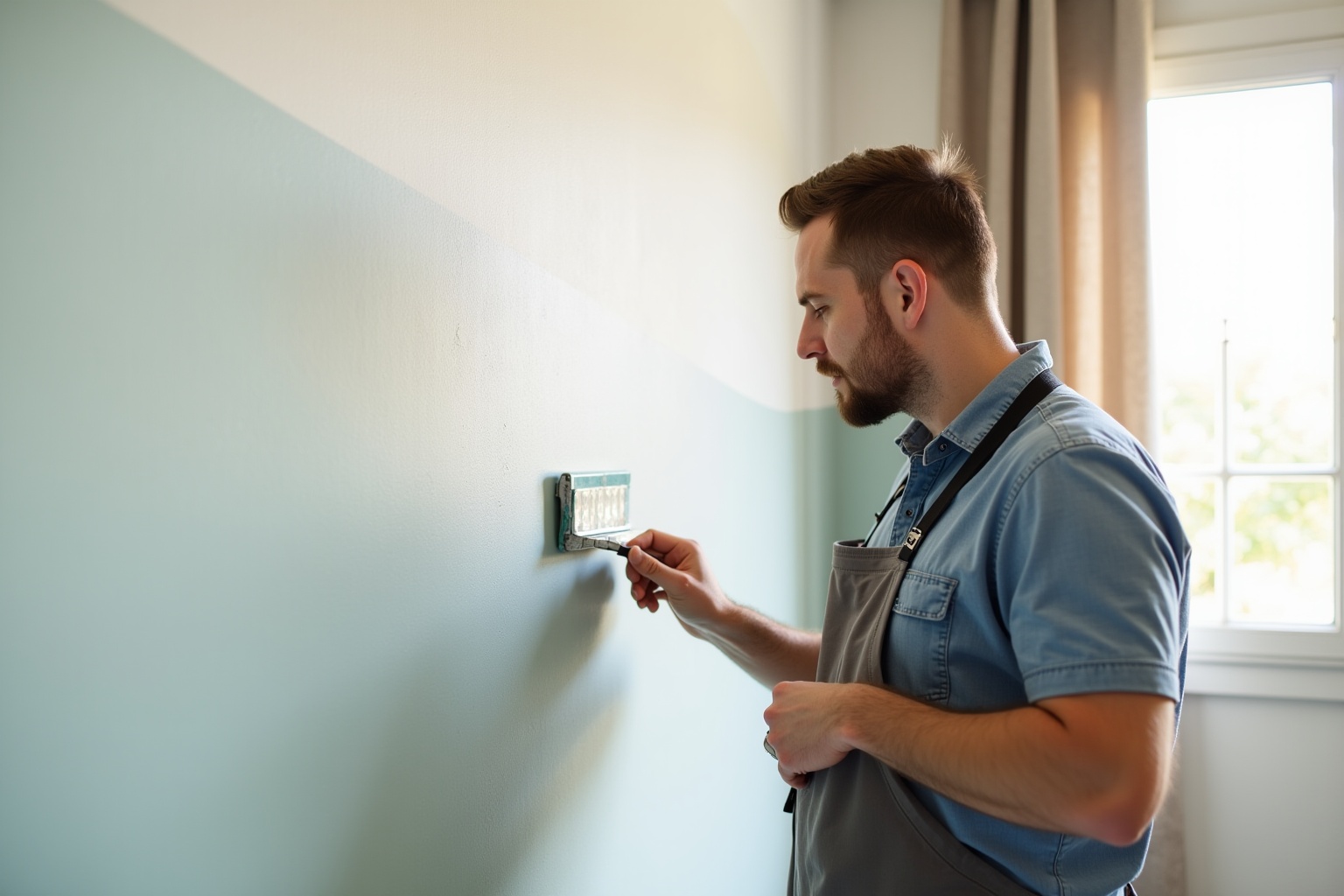 Homme en salopette réparant un interrupteur mural dans une pièce.