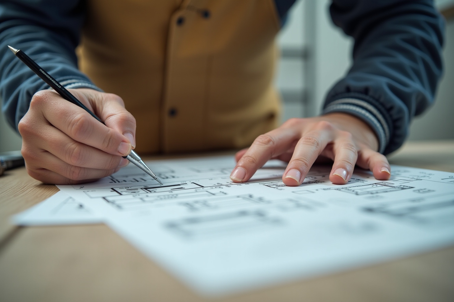 Personne en train de dessiner des plans architecturaux sur une table.