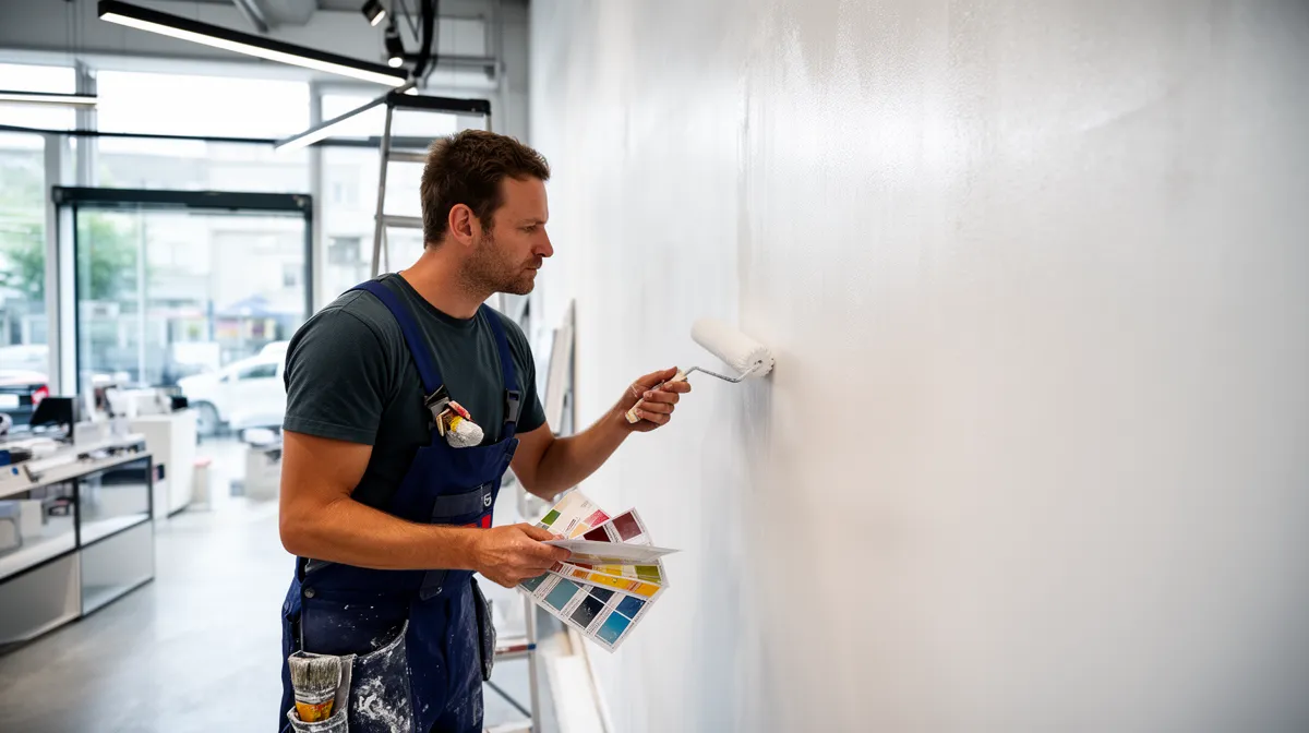 Un ouvrier peignant un mur blanc avec un rouleau dans un atelier.