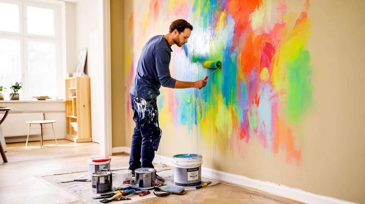 Un homme peignant un mur avec des couleurs vives et éclatantes.