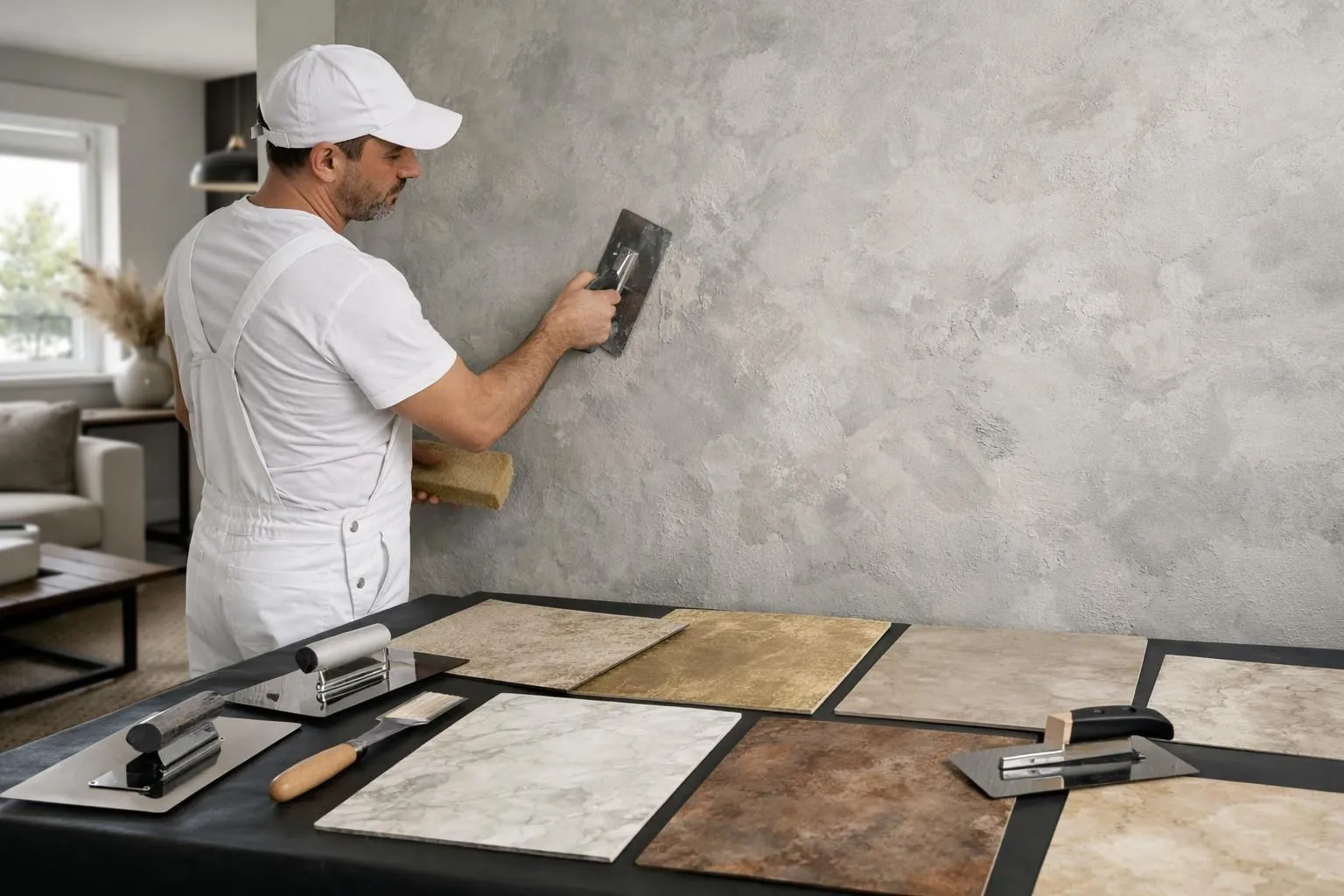 Professional painter applying decorative textured finish on interior wall with specialized tools, showing various paint samples and high-end finishing techniques in modern residential space, natural lighting highlighting craftsmanship