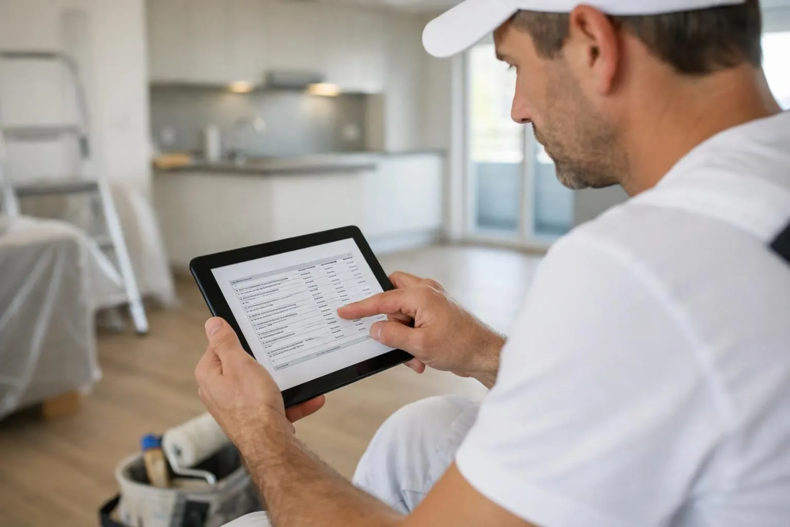 Un peintre professionnel examine un devis détaillé sur une tablette dans un intérieur d'appartement rénové, avec un site de construction suisse réaliste, un éclairage naturel et un espace résidentiel moderne.