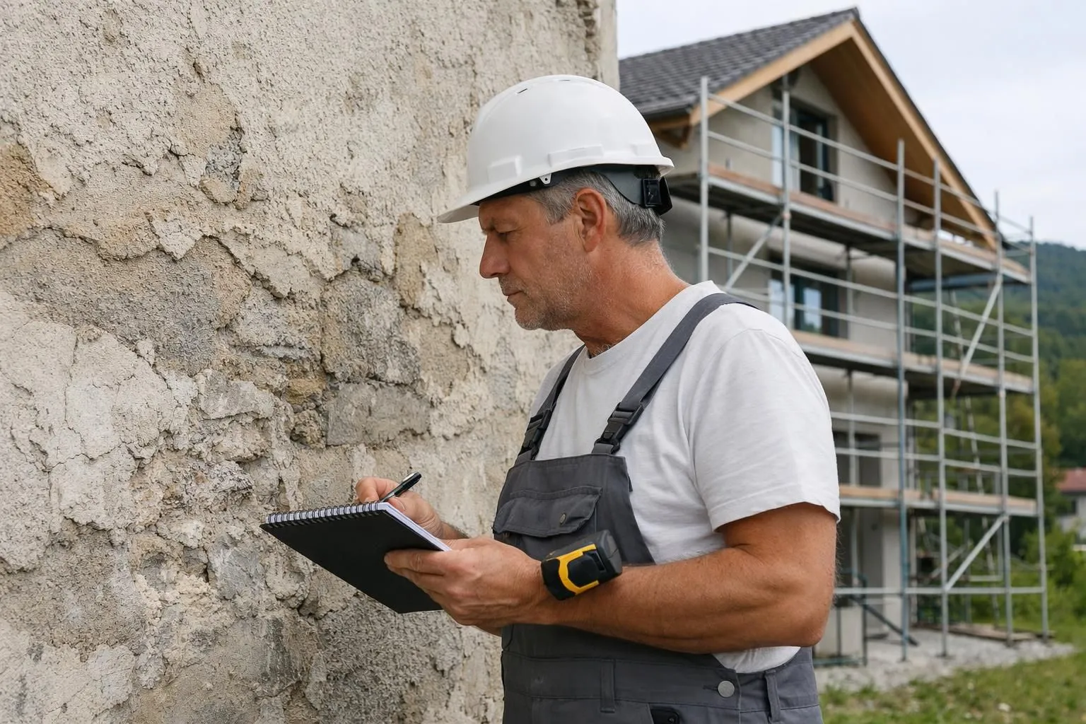 Maçon professionnel inspectant la façade usée d'une maison avec un bloc-notes et un mètre, maison de banlieue suisse moderne avec échafaudage visible, lumière du jour naturelle mettant en valeur la texture de surface et les zones de réparation.
