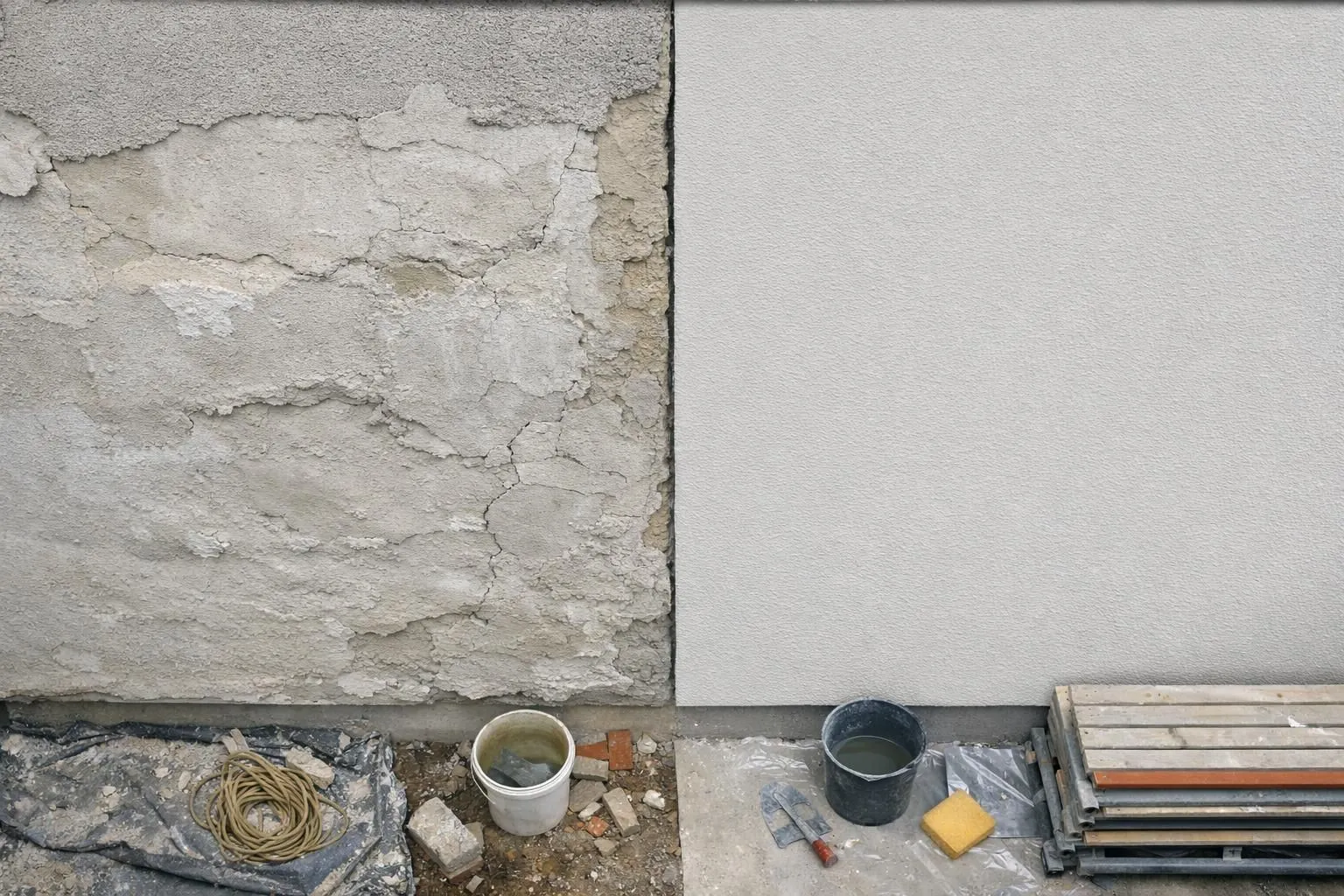 Comparaison de deux façades côte à côte : à gauche, une rénovation de mauvaise qualité avec des défauts visibles, à droite, une finition professionnelle de haute qualité avec une texture parfaite, sur un chantier avec un éclairage naturel soulignant les différences de qualité