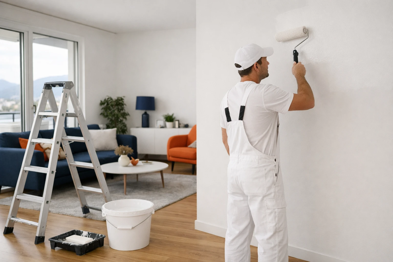 Professional painter applying white paint to interior living room wall with roller, paint bucket and ladder visible, clean modern Swiss apartment setting with natural lighting through windows