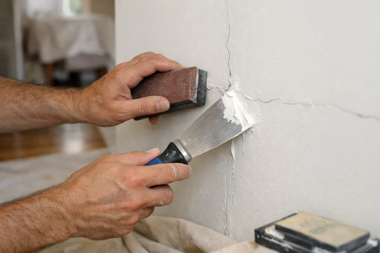 Professional painter in work clothes carefully filling wall cracks with putty knife and sanding tools, showing detailed surface preparation work before painting in a residential room with protective sheets on floor
