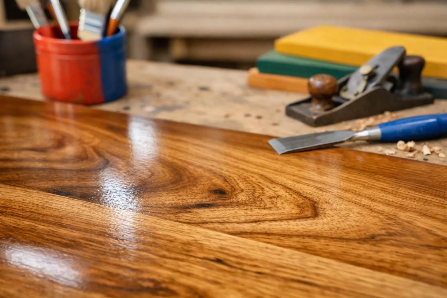 Close-up of natural wood grain with transparent protective finish being applied with brush, showing texture and wood fiber detail, professional carpentry workshop setting
