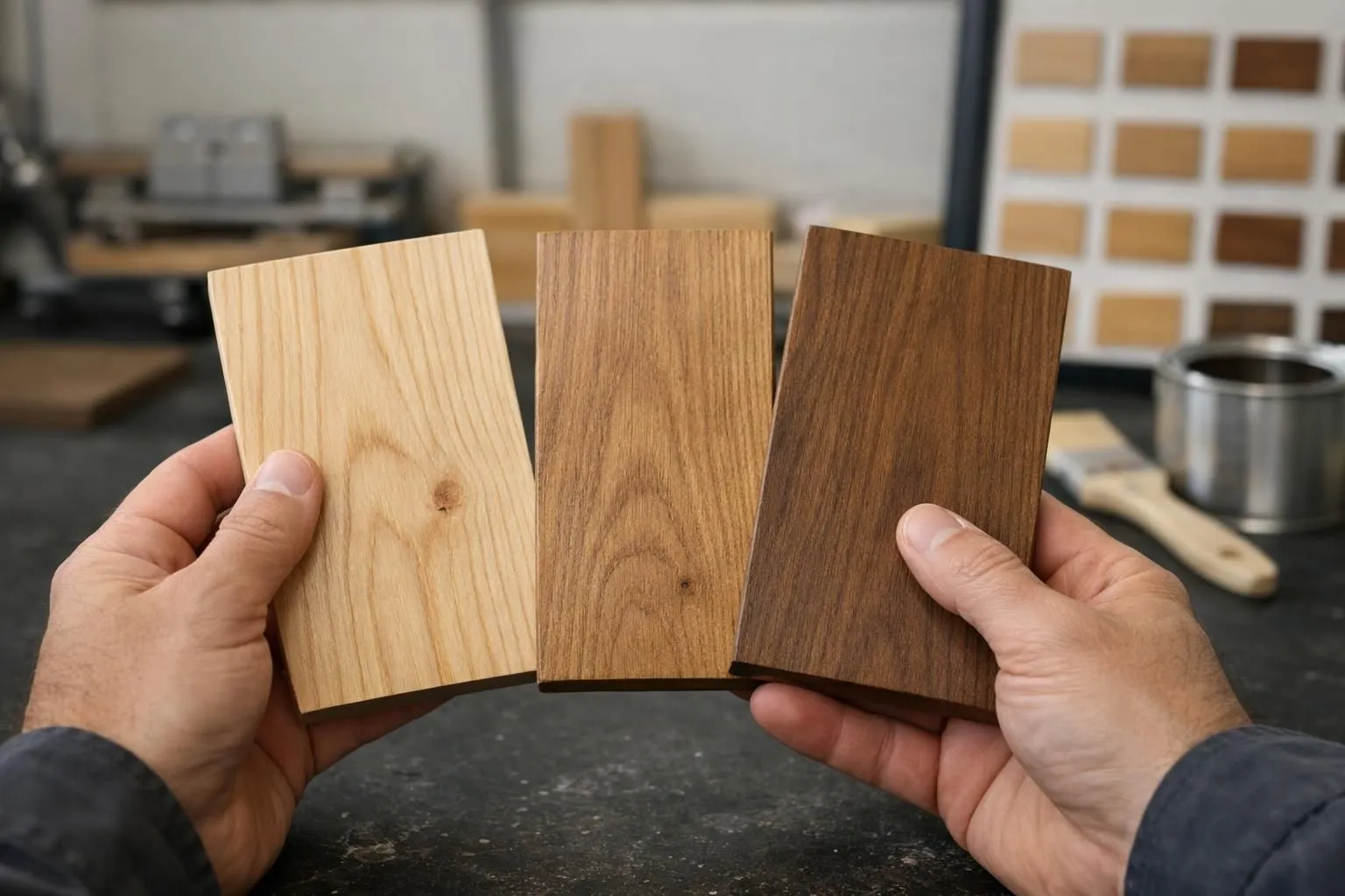 Close-up of hands comparing three wooden boards with different lasure finishes ranging from transparent to semi-opaque, showing natural wood grain visibility, professional testing environment with natural lighting