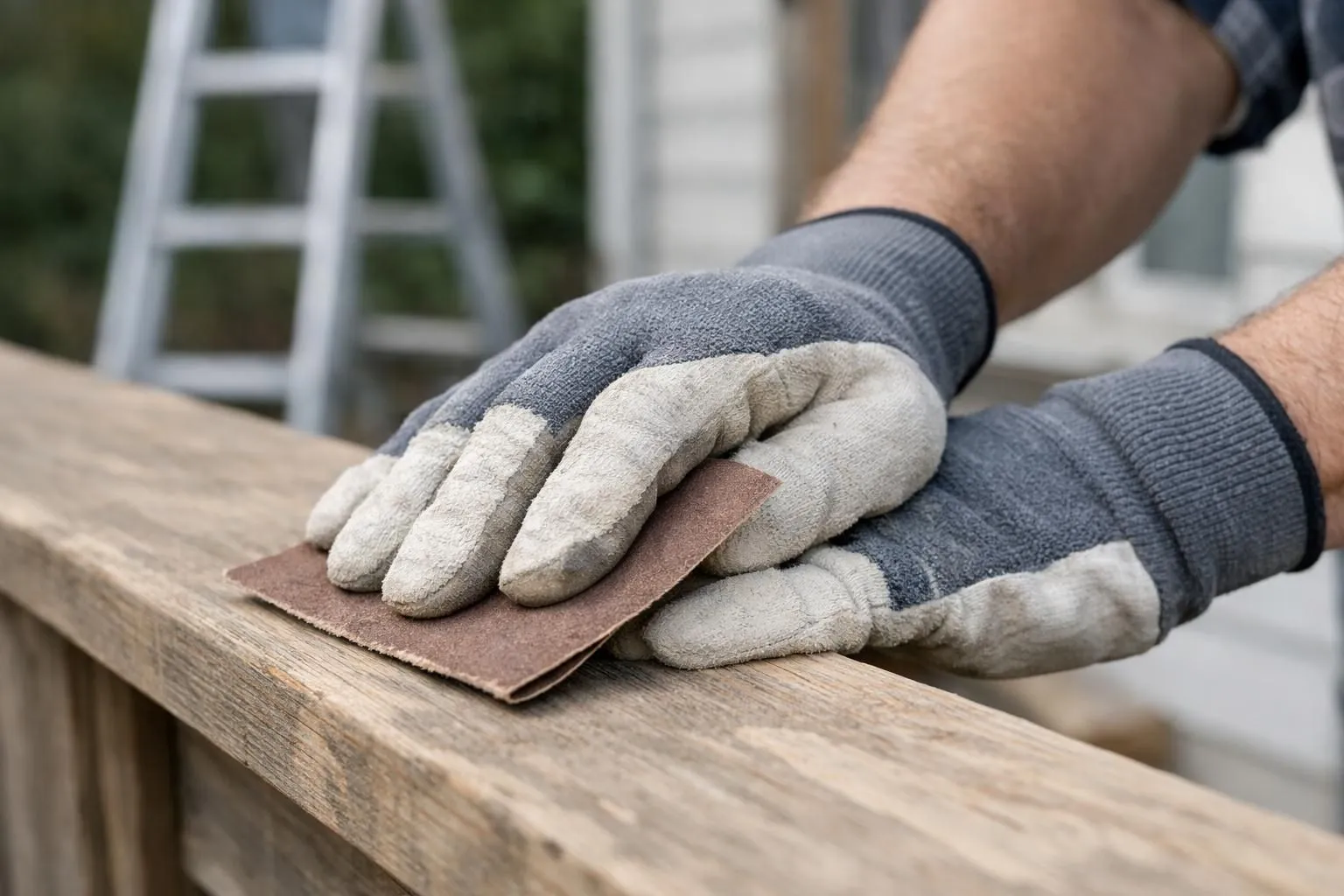 Close-up of hands wearing protective gloves sanding wooden surface before applying wood stain, showing proper surface preparation technique with sandpaper and clean workspace in outdoor renovation setting