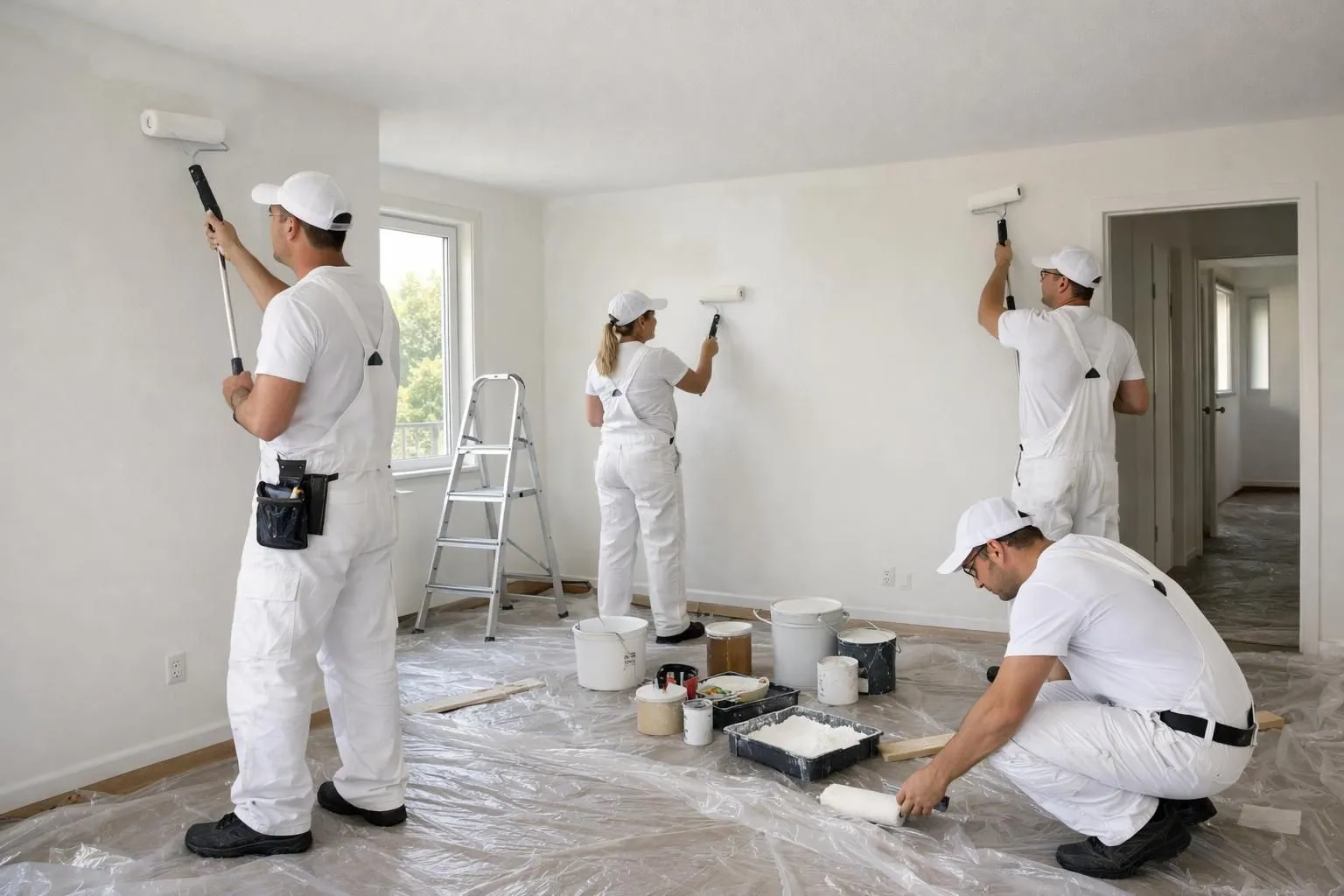 Professional painting crew refreshing vacant apartment interior with roller brushes, drop cloths protecting floors, natural daylight through windows, organized workspace showing expertise in residential renovation for property management, no text or signs visible