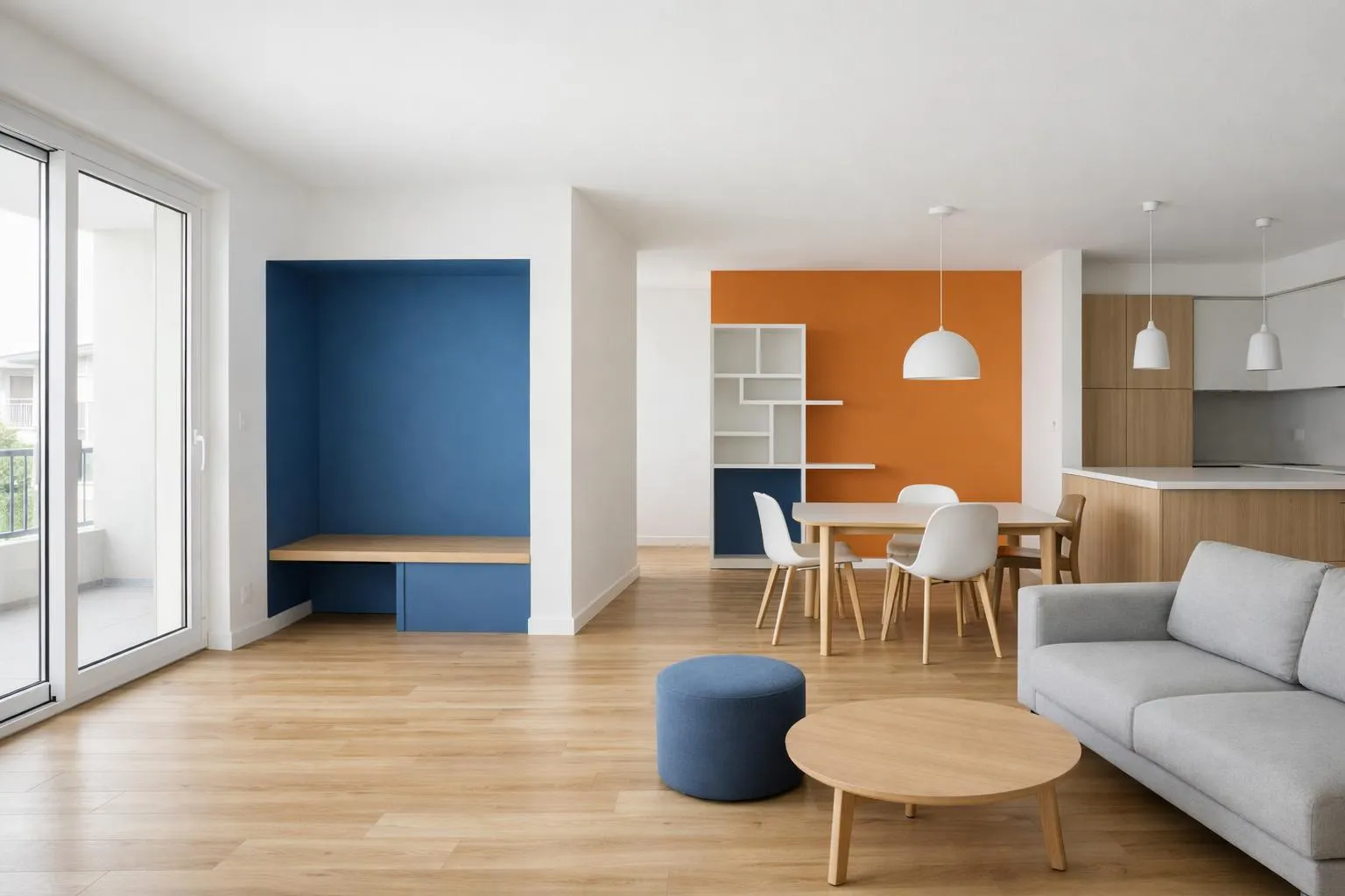 Intérieur moderne avec murs bleus et orange, mobilier en bois et éclairage suspendu.