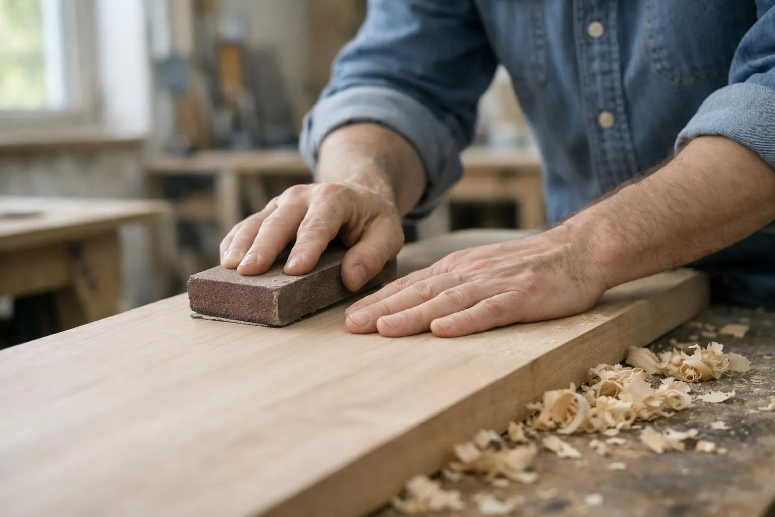 Mains d'un artisan poncent une planche de bois.