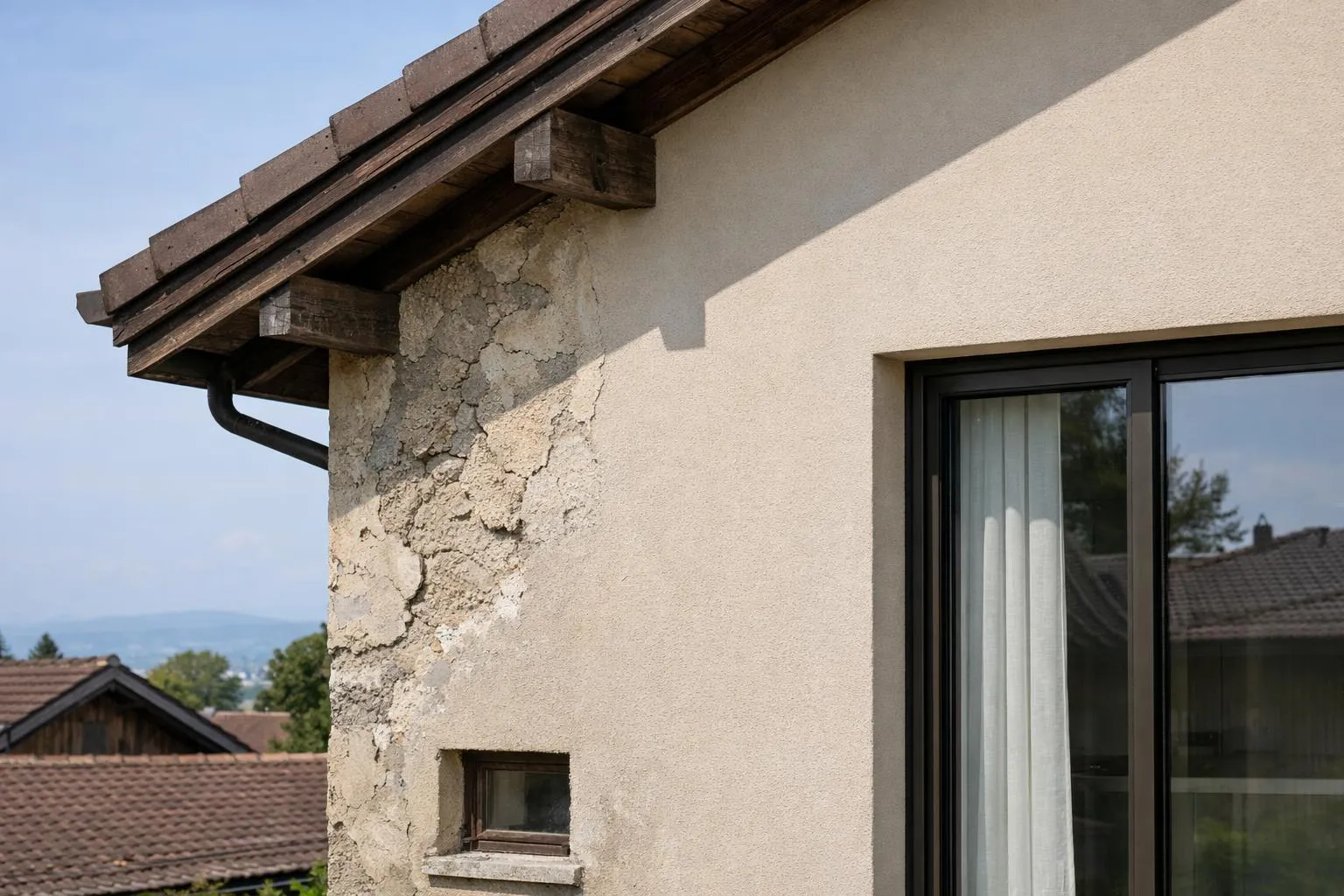 Mur extérieur craquelé avec fenêtre et toit en bois.
