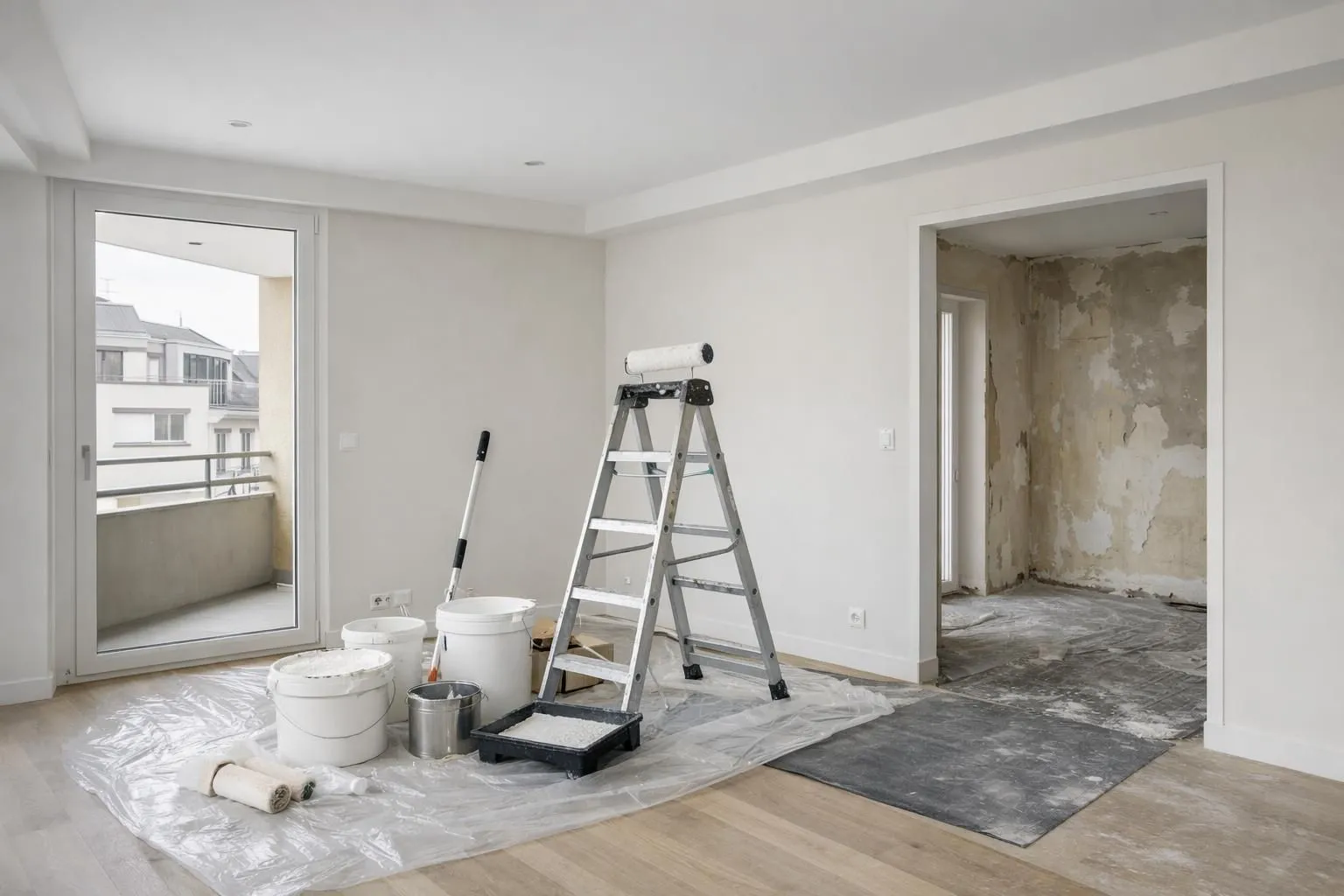 Interior of a Geneva apartment mid-renovation showing freshly painted walls in light neutral tones with natural lighting streaming through windows, professional painting equipment visible, clean modern finishes contrasting with unpainted sections