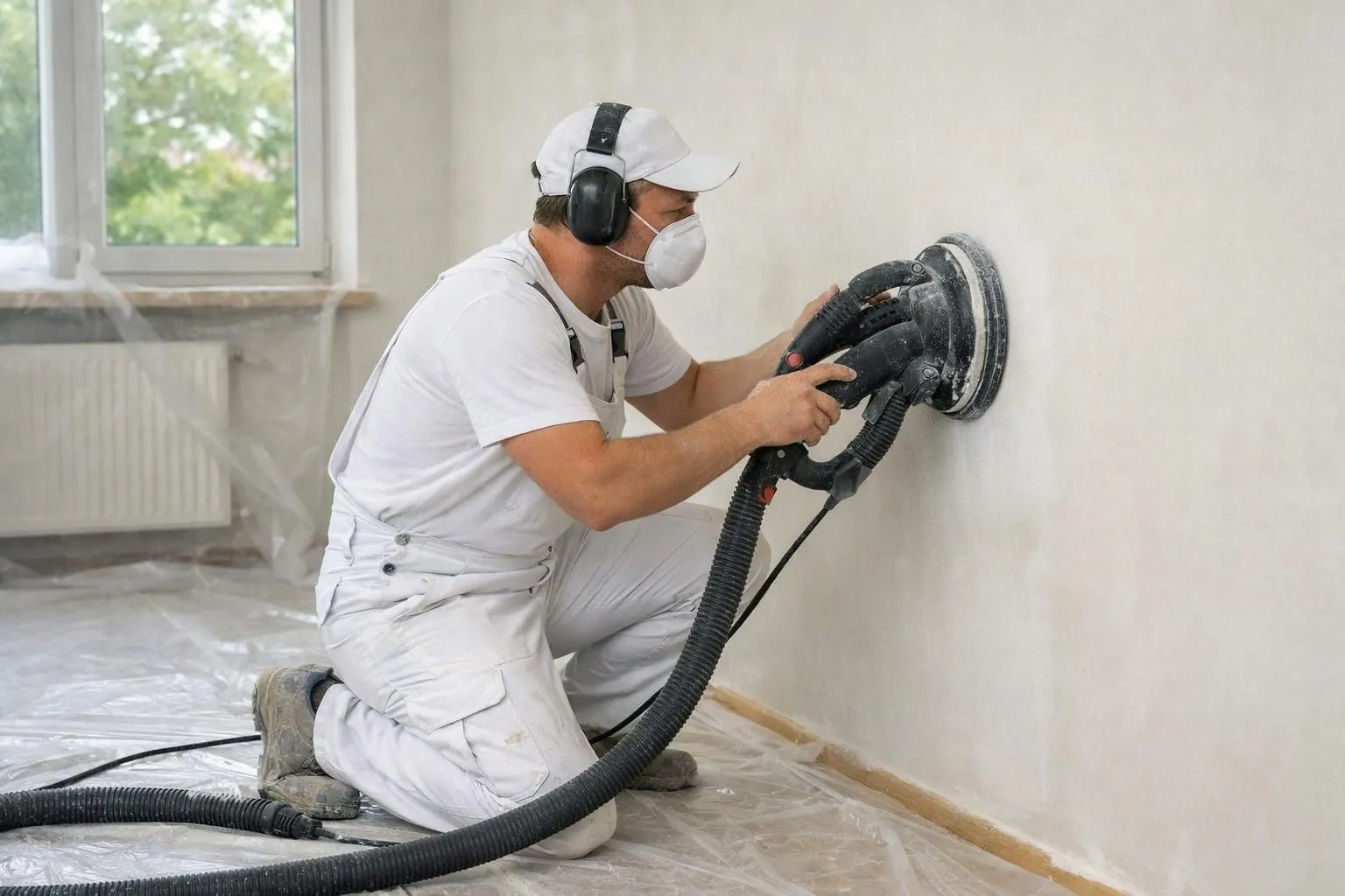 Peintre professionnel en tenue de travail préparant méticuleusement un mur d'appartement avec ponceuse électrique et enduit, échelle et bâches de protection au sol dans un intérieur lumineux genevois