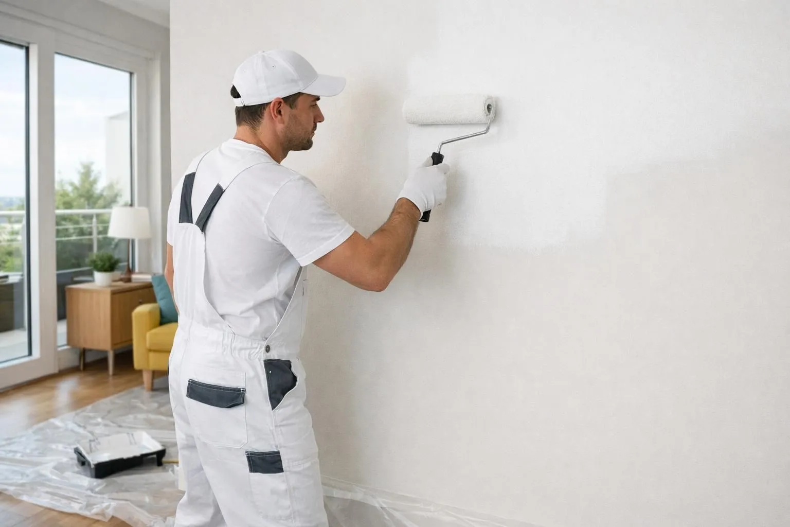 Professional painter in work clothes applying white paint with a roller on an interior residential wall in a bright modern home in Nyon, showing precise technique and clean workspace with drop cloths protecting wooden floor, natural daylight streaming through window