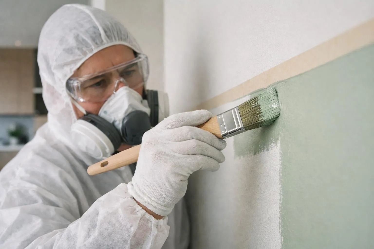 Travailleur en tenue de protection peignant un mur avec un pinceau.