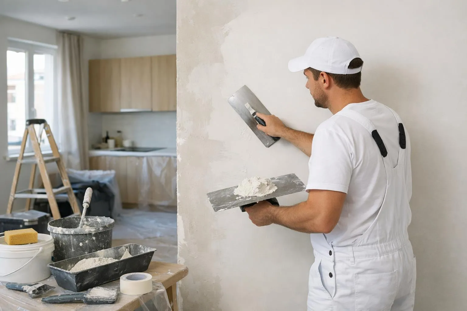 Ouvrier en combinaison blanche réparant un mur avec un couteau à enduire.