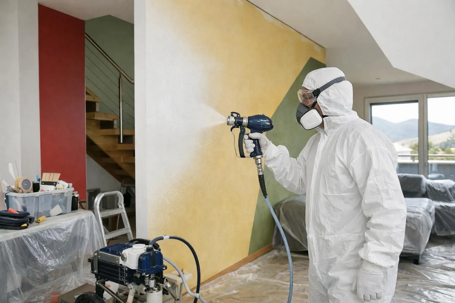 Un peintre professionnel en tenue de protection applique efficacement de la peinture sur un mur résidentiel à l'aide d'un équipement de pulvérisation moderne, tout en maintenant un espace de travail propre et organisé avec des bâches de protection et des outils de qualité dans un intérieur su