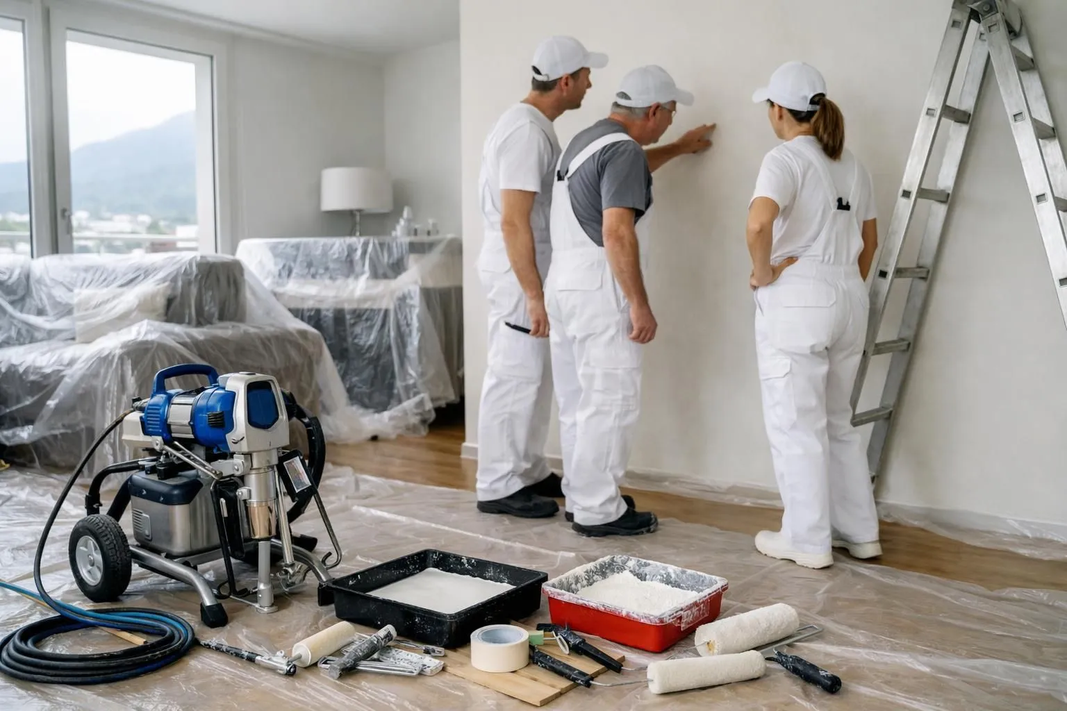 Une équipe de peintres professionnels prépare un espace intérieur résidentiel avec des bâches pour protéger les meubles, du matériel de pulvérisation moderne et des plateaux de peinture organisés au sol, une échelle positionnée contre un mur, et des ouvriers en uniforme inspect