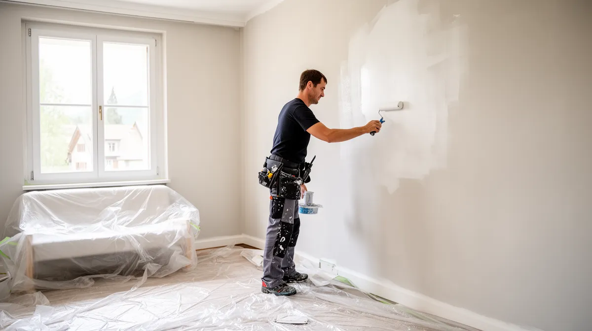 Homme en tenue de travail peignant un mur blanc dans une pièce.