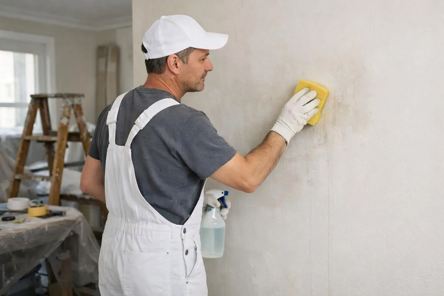 Professional painter in work clothes cleaning a wall with a sponge and cleaning solution before painting, showing proper wall preparation technique in a well-lit interior room under renovation, realistic workshop photography style without any visible text or labels