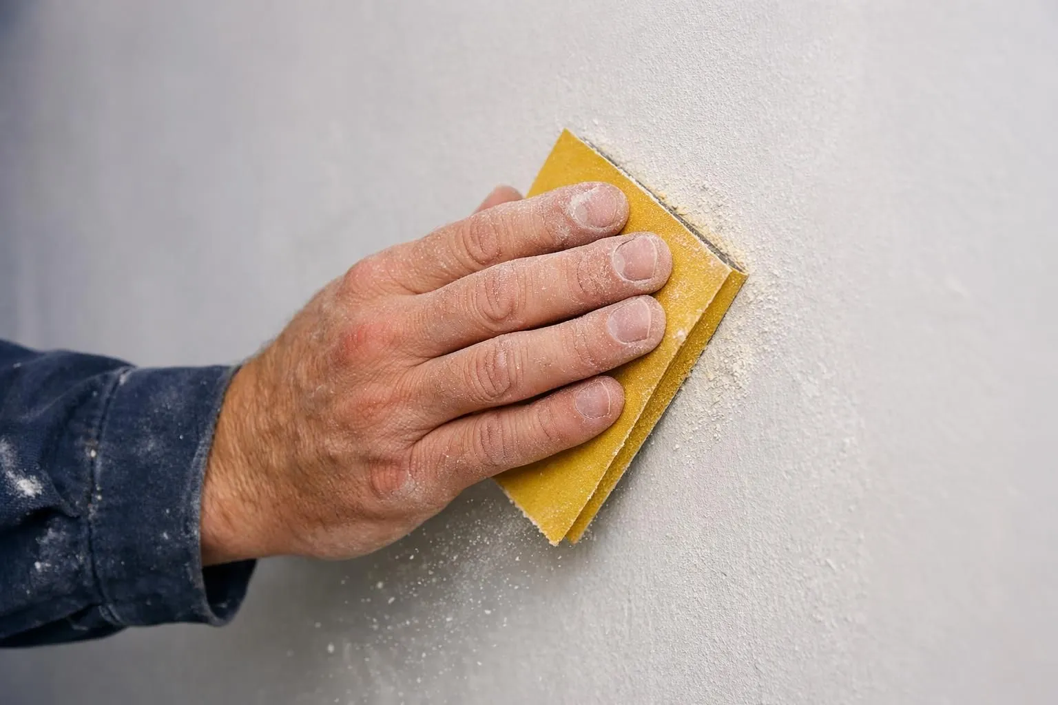 Close-up view of a hand sanding a white plastered wall with yellow sandpaper, showing smooth surface texture and fine dust particles, professional renovation work in progress