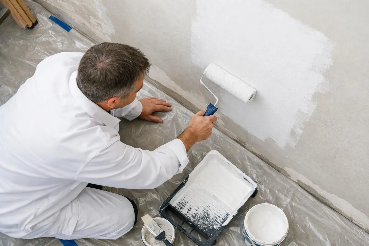 Professional painter in white overalls applying white primer undercoat to smooth plastered wall using paint roller, showing proper technique with even strokes, close-up view of preparation work, realistic lighting in renovation setting