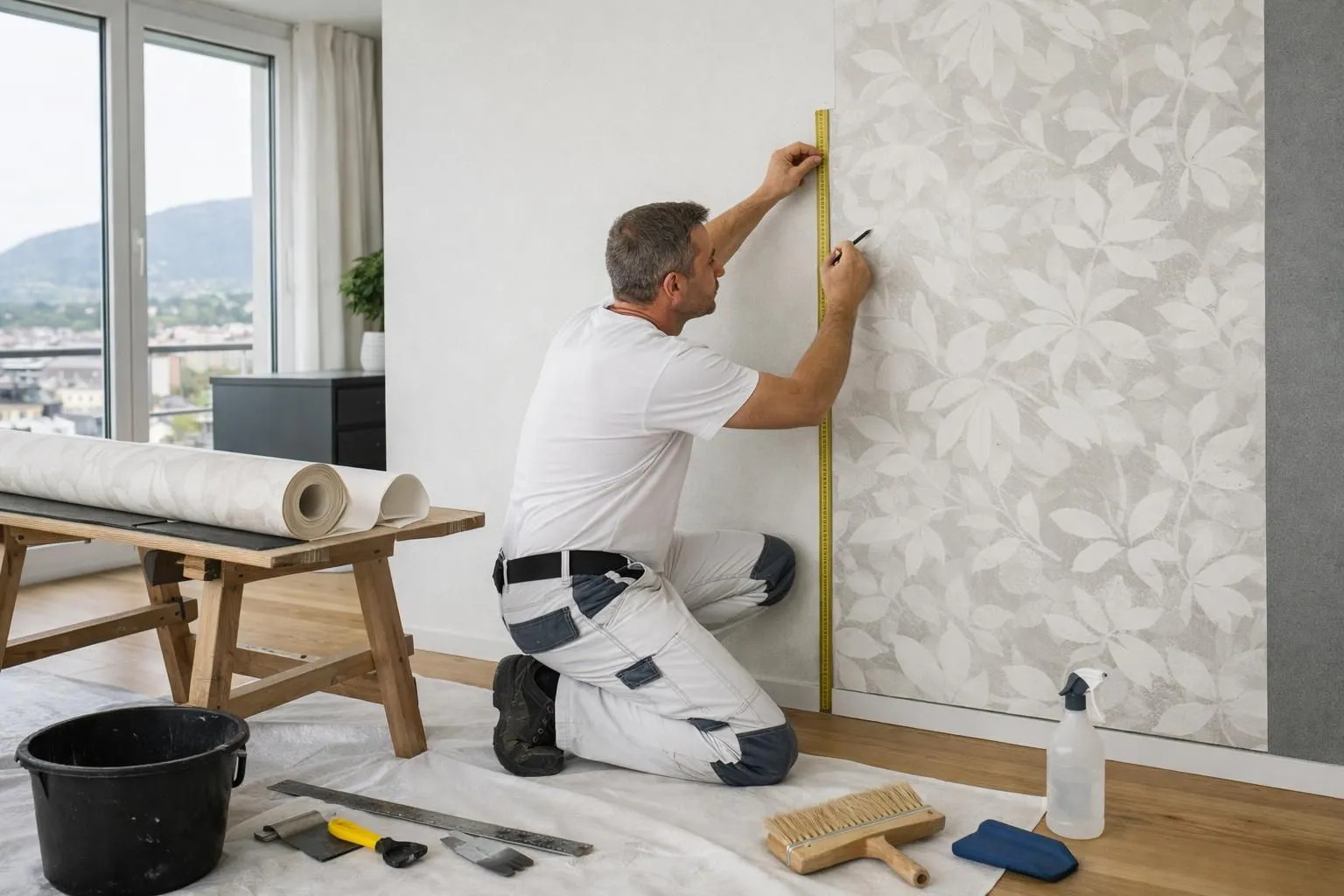 Professional wallpaper installer carefully aligning patterned wallpaper on prepared wall in bright Geneva apartment, measuring tools and smoothing brush visible, modern interior renovation setting