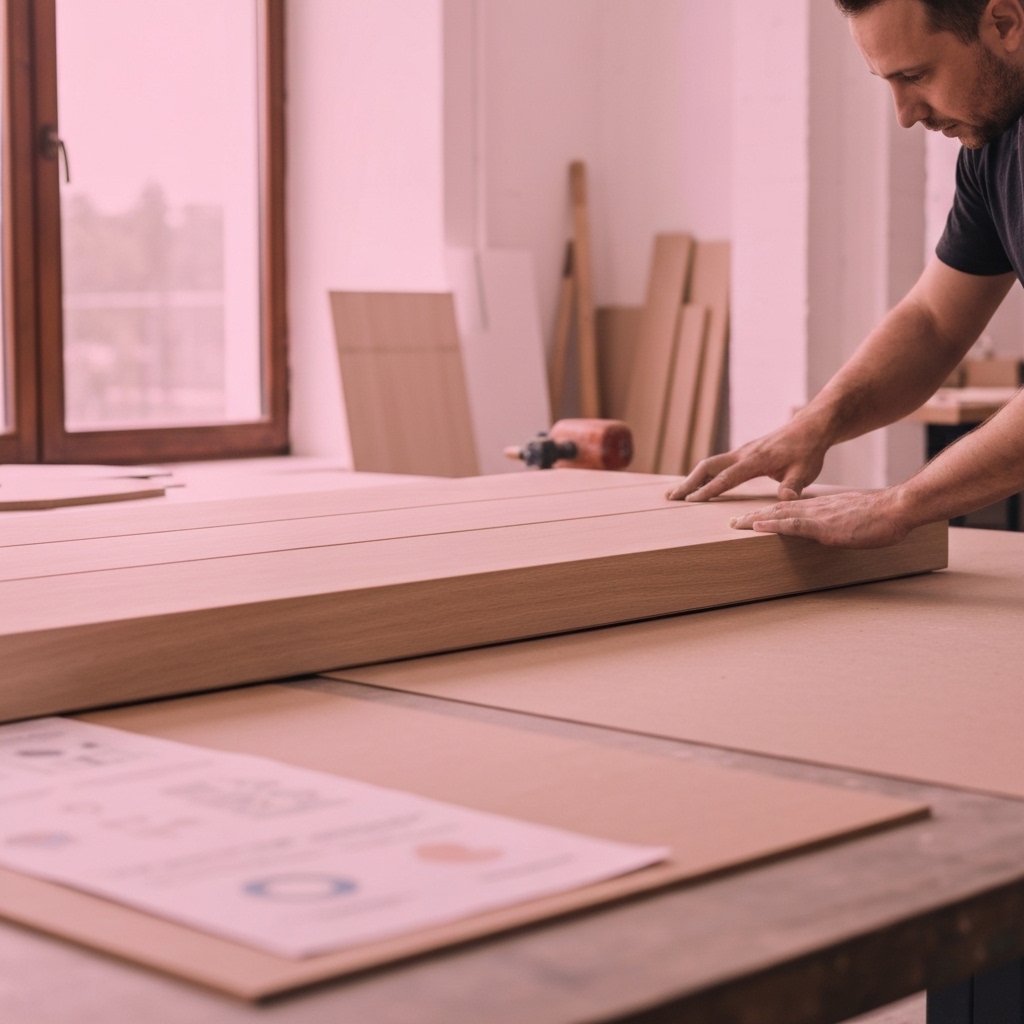 Professional craftsman carefully sanding a wooden interior door laid horizontally on sawhorses in a bright workshop, close-up showing hand movement and sandpaper grain