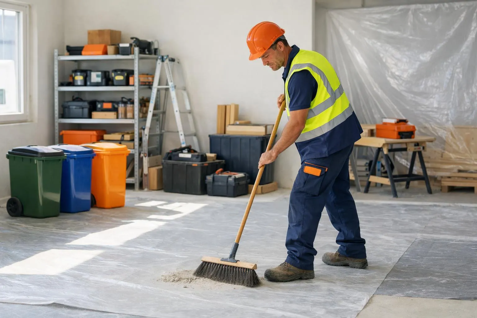 Ouvrier en uniforme de sécurité balayant le sol d'un chantier de construction.