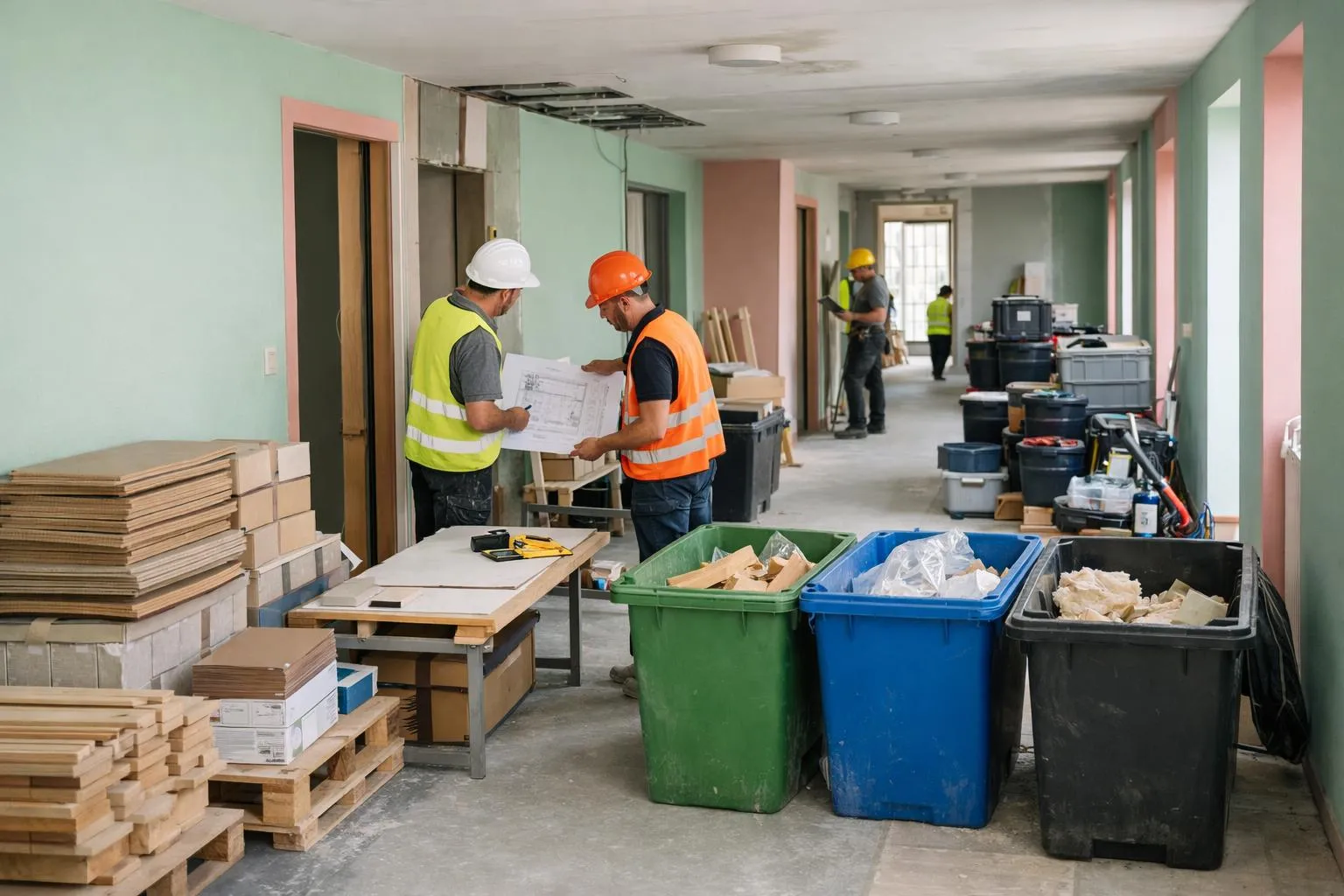 Chantier de construction avec ouvriers, plans et matériaux de rénovation.