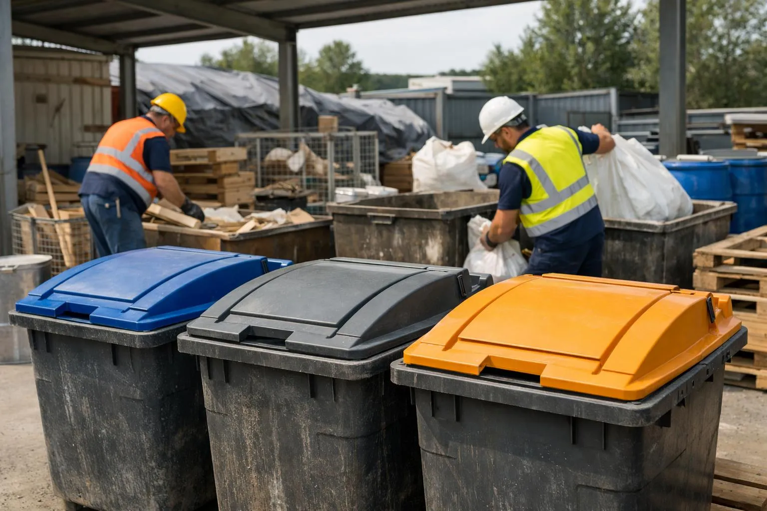 Conteneurs de recyclage colorés dans une zone de stockage industrielle.