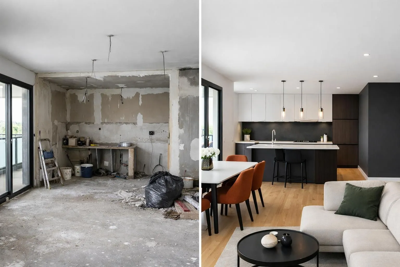 Modern Swiss apartment interior showing renovation levels, split view comparing basic refresh and high-end transformation, natural daylight through large windows, clean contemporary design with visible quality finishes, professional interior photography, no text or labels