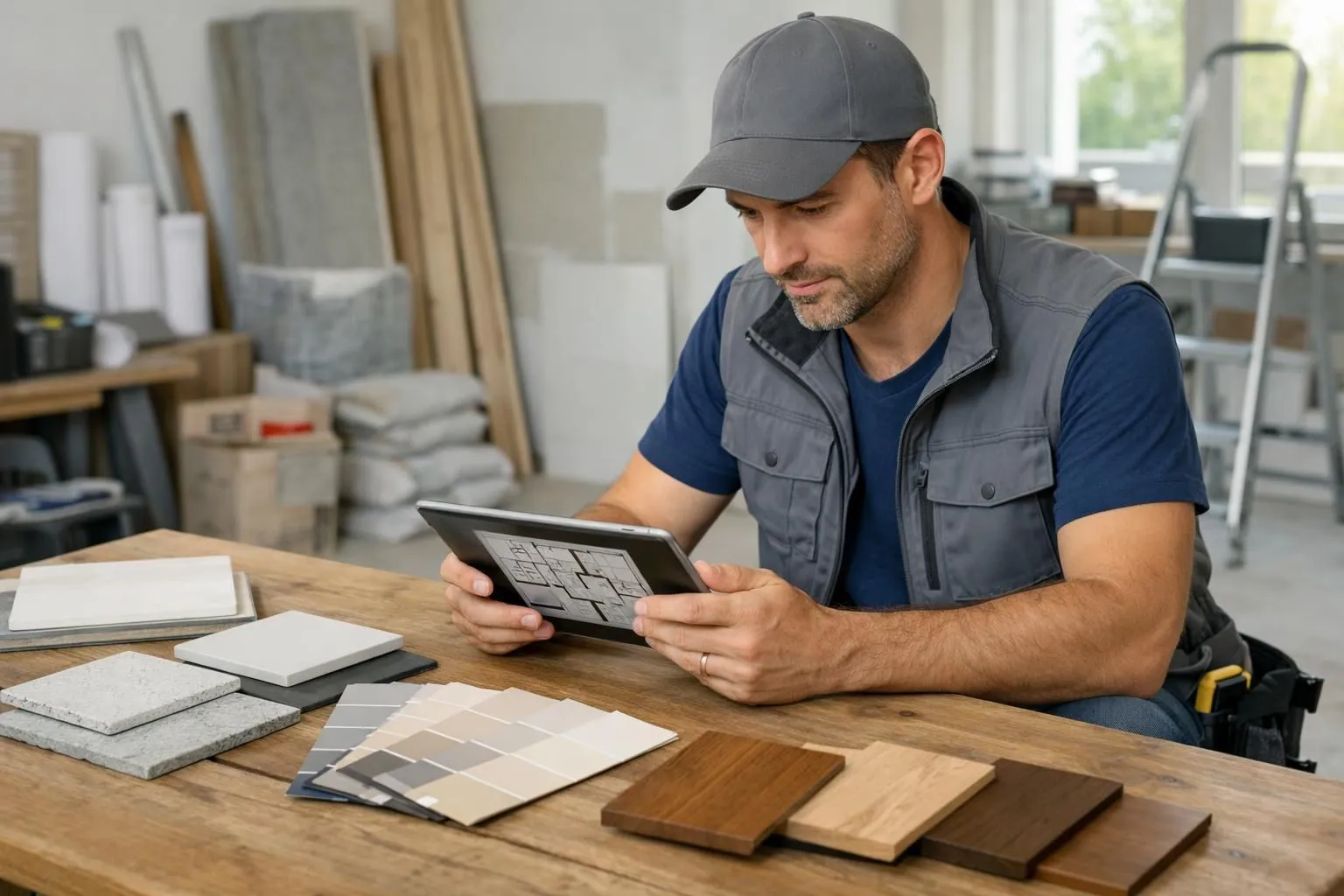 Professional contractor in casual work attire reviewing apartment floor plans on digital tablet while standing next to organized samples of tiles, paint swatches and wood finishes on work table, bright renovation office setting with construction materials, realistic photography style