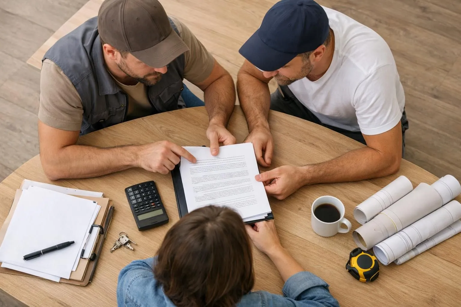 Contractor showing detailed renovation contract to worried homeowner at kitchen table, transparent consultation atmosphere, visible documents and calculator, professional Swiss renovation setting, realistic indoor lighting