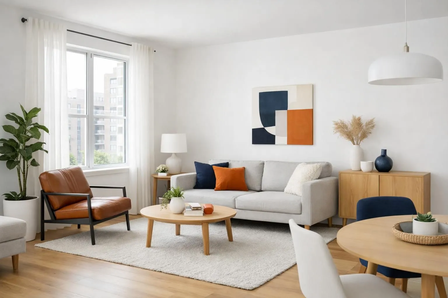 Interior of empty modern apartment with freshly painted white walls and natural light streaming through large windows, creating bright welcoming atmosphere for potential buyers during viewing