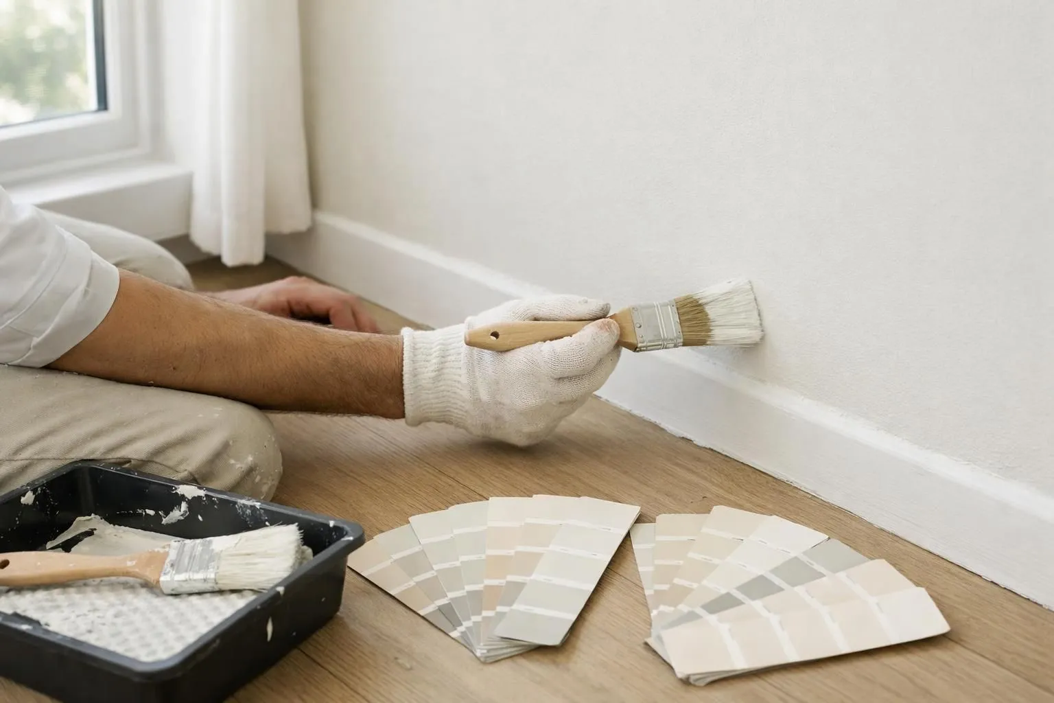 Interior room corner showing freshly painted walls in soft neutral tones with paint roller and tray, color swatches of whites, beiges and light grays displayed on wooden floor, natural daylight streaming through window
