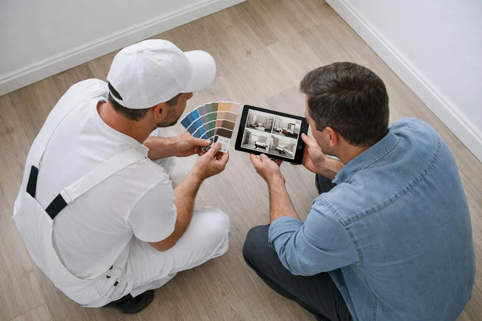 Professional painter in neutral work clothes showing color sample cards to homeowner in bright empty room with natural light, both looking at tablet with design renderings, painter holding professional paint charts