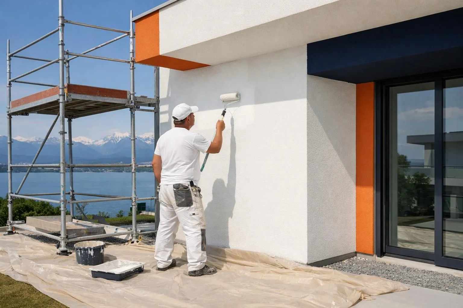 Professional painter in work clothes applying white paint to exterior wall of modern Swiss villa in Gland with roller, scaffolding visible, Lake Geneva and Alps in distant background, sunny day with protective sheets on ground