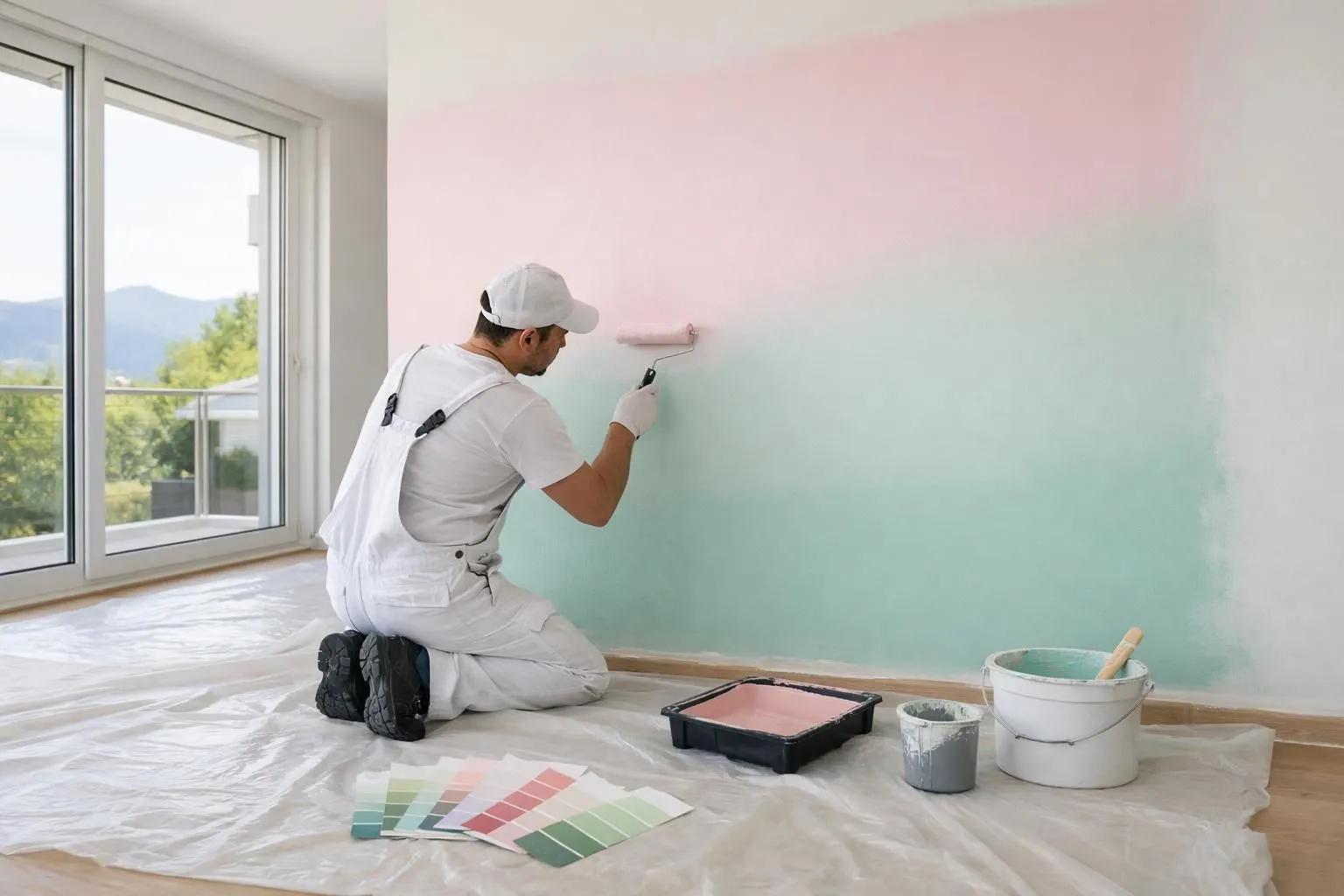 Professional painter applying premium paint to interior wall of modern Swiss home with color sample cards visible on floor, natural lighting through large windows, clean renovation workspace with protective covers