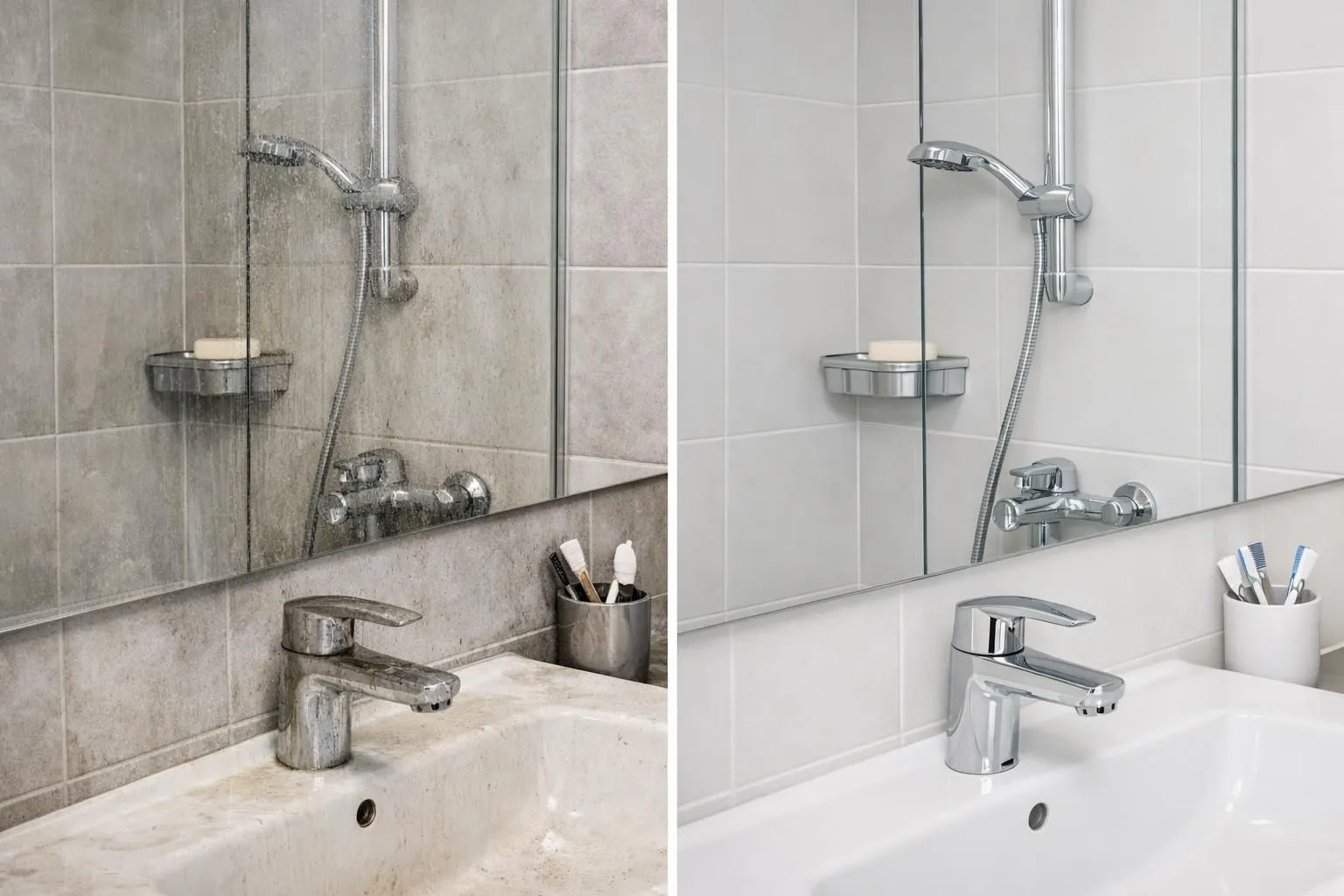 Professional cleaner in white uniform scrubbing kitchen oven interior with eco-friendly products, detailed view of sparkling clean appliance surfaces and cabinets in modern Swiss apartment, before-after split showing grimy vs spotless bathroom tiles and fixtures