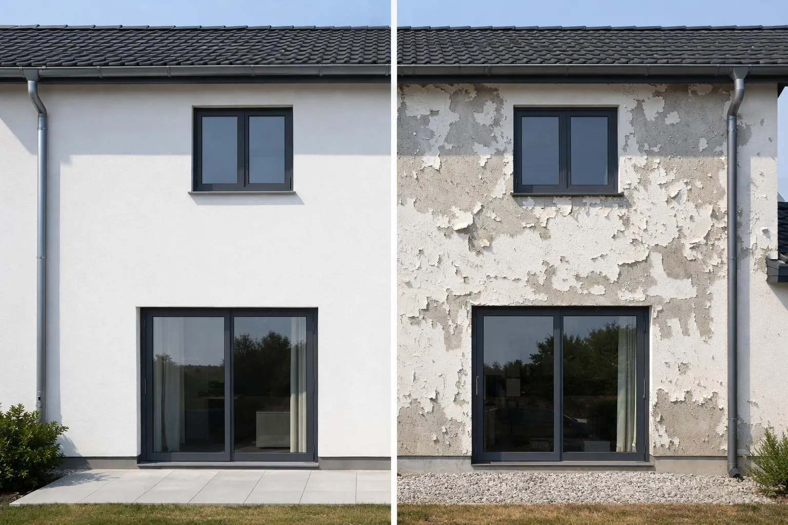 Façade de maison blanche avec fenêtres noires et mur endommagé.