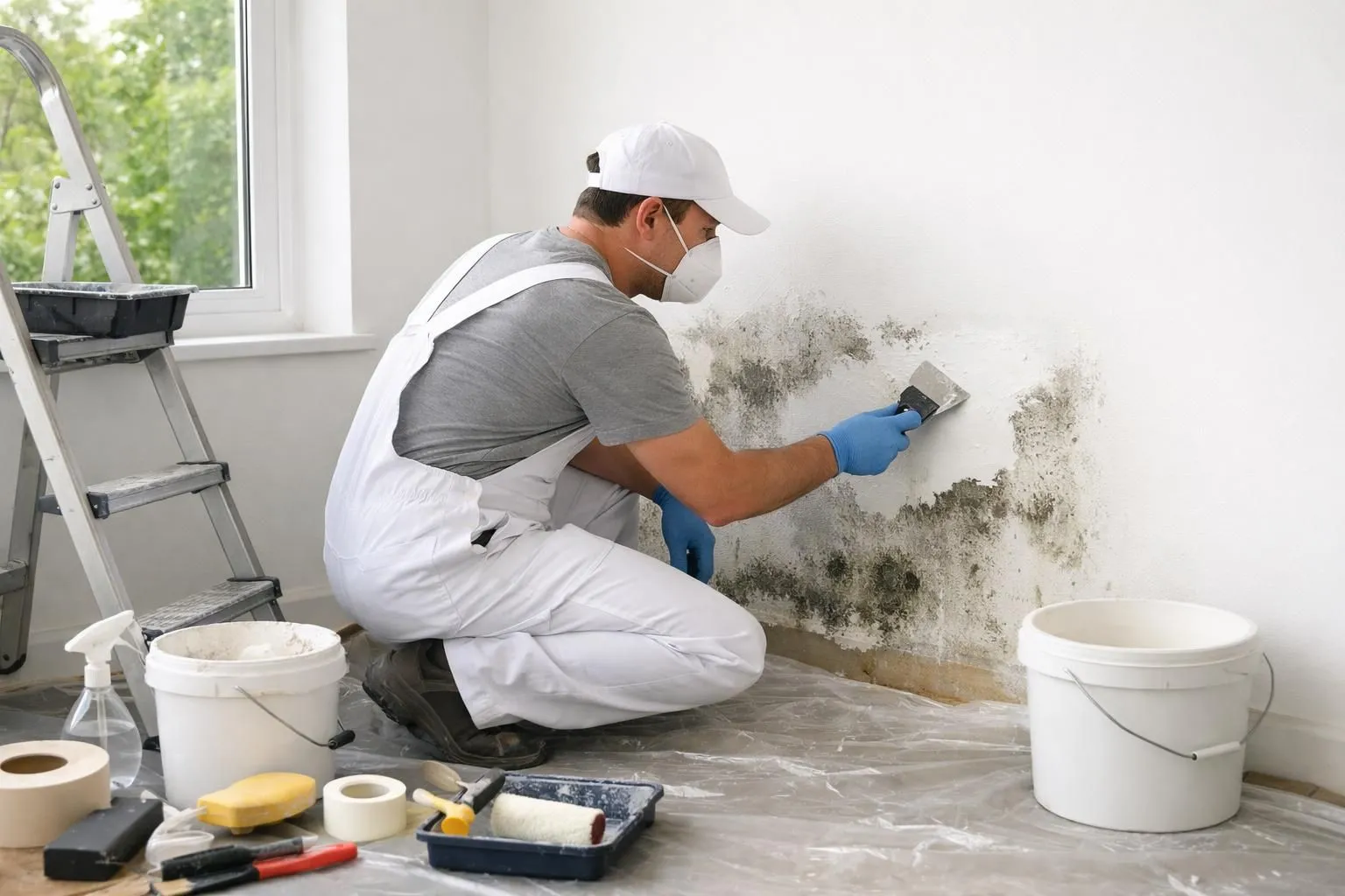Taches de moisissure noire se propageant sur un mur intérieur peint en blanc près d'un cadre de fenêtre avec des gouttelettes de condensation d'eau visibles, contexte réaliste de rénovation de maison.