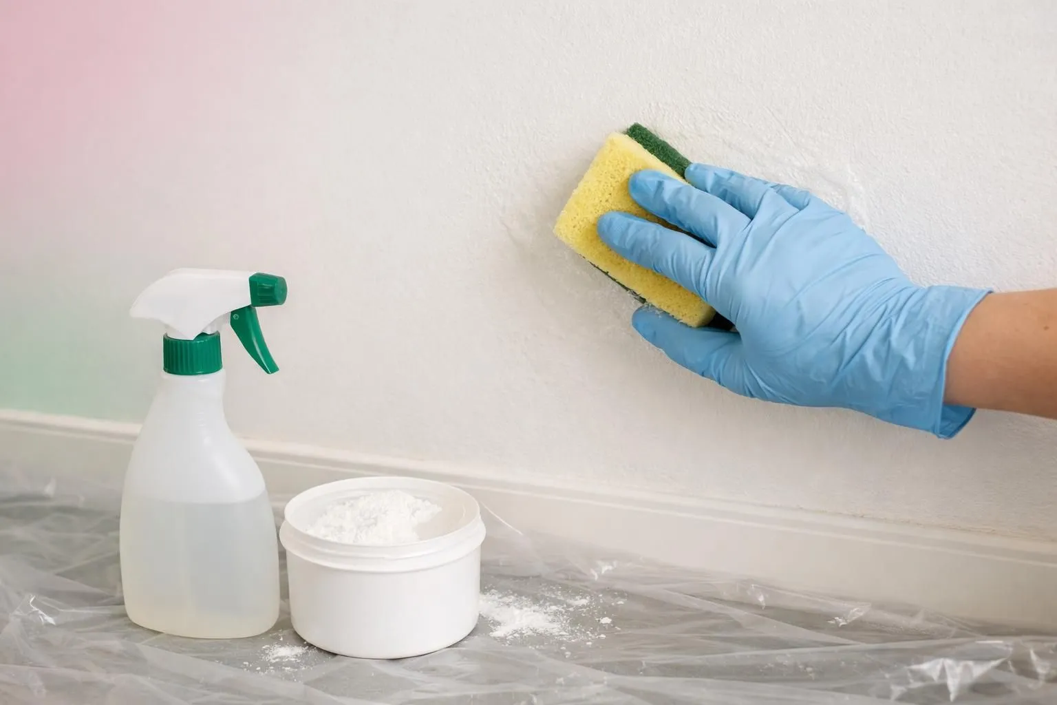 Gros plan sur une main gantée tenant une éponge imbibée de solution transparente, frottant délicatement un mur blanc présentant des traces sombres de moisissure, avec un spray et un bol de poudre blanche posés sur une bâche de protection au sol