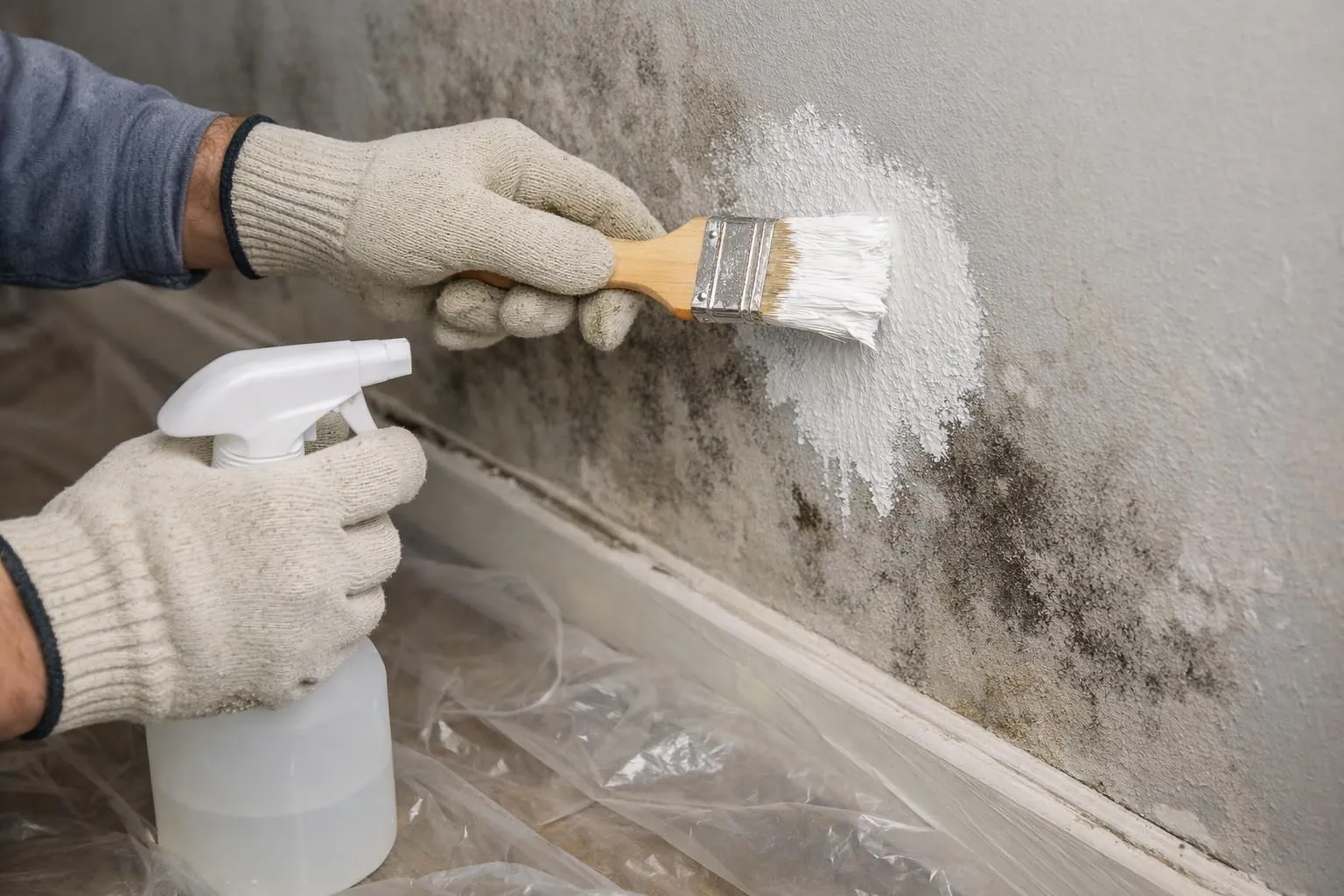 Professionnel portant gants épais, lunettes de protection et masque respiratoire appliquant au pulvérisateur un traitement anti-moisissure blanc sur un mur intérieur gris taché de moisissures noires, dans une pièce résidentielle avec bâche de protection au sol