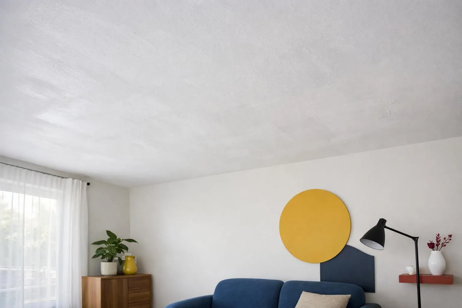 Close-up view of a white ceiling showing visible paint roller marks, streaks and uneven patches where fresh paint has dried unevenly, with natural window light revealing the imperfections in a residential room setting