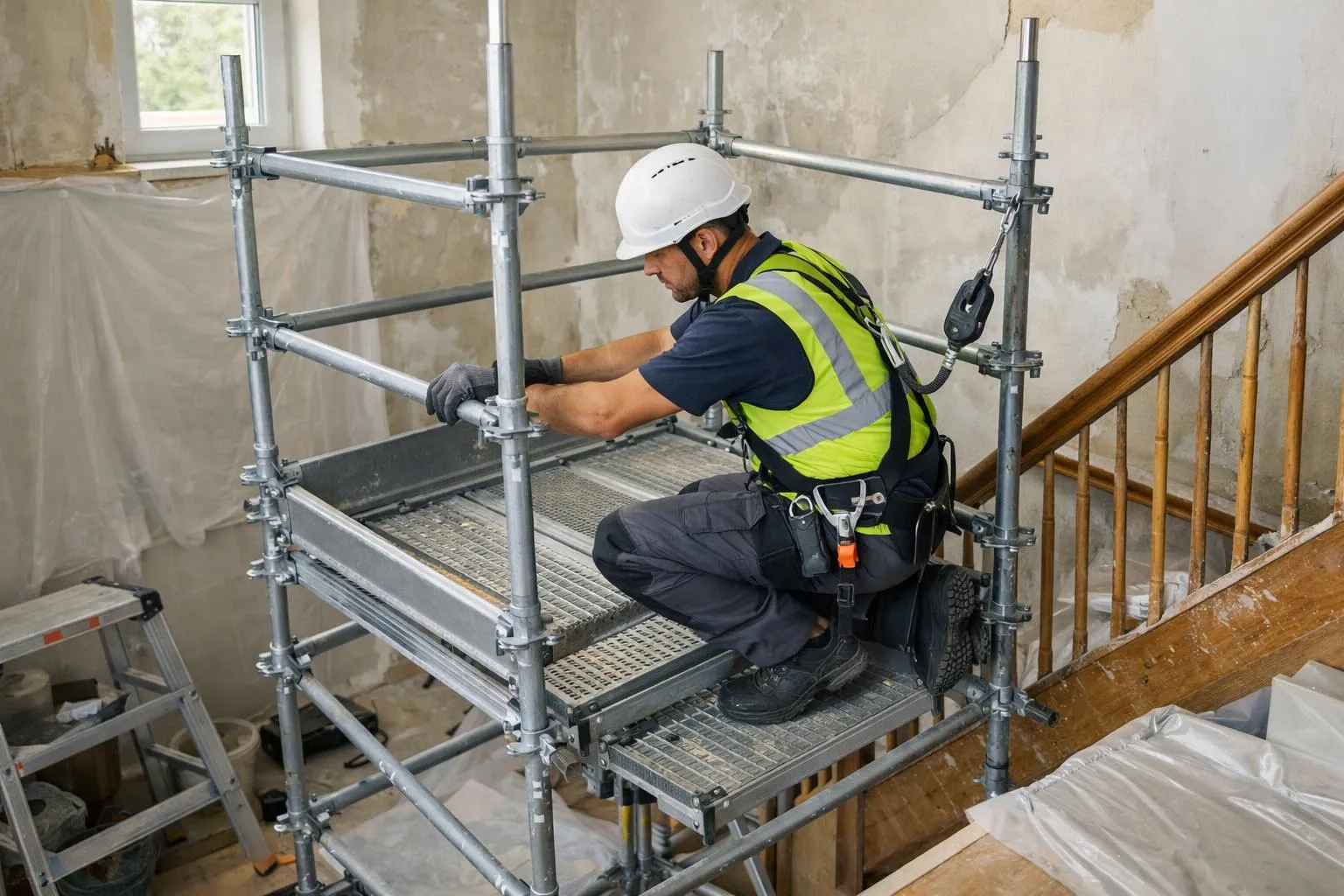 Un ouvrier en tenue de sécurité travaille sur un échafaudage métallique dans un chantier de construction.